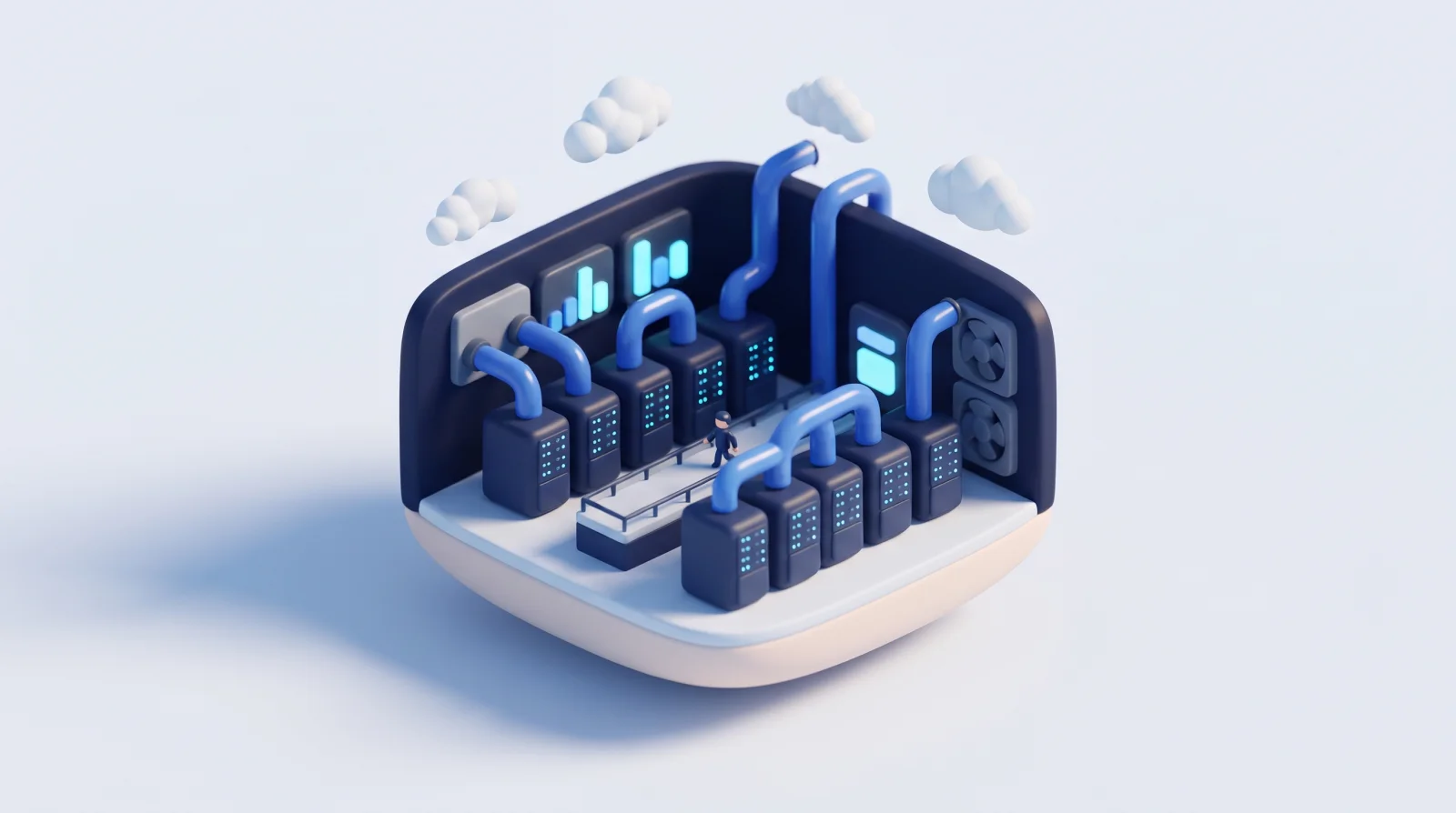 Diorama tanah liat isometrik sebuah pusat data dengan kabinet server dan paip yang naik ke awan.