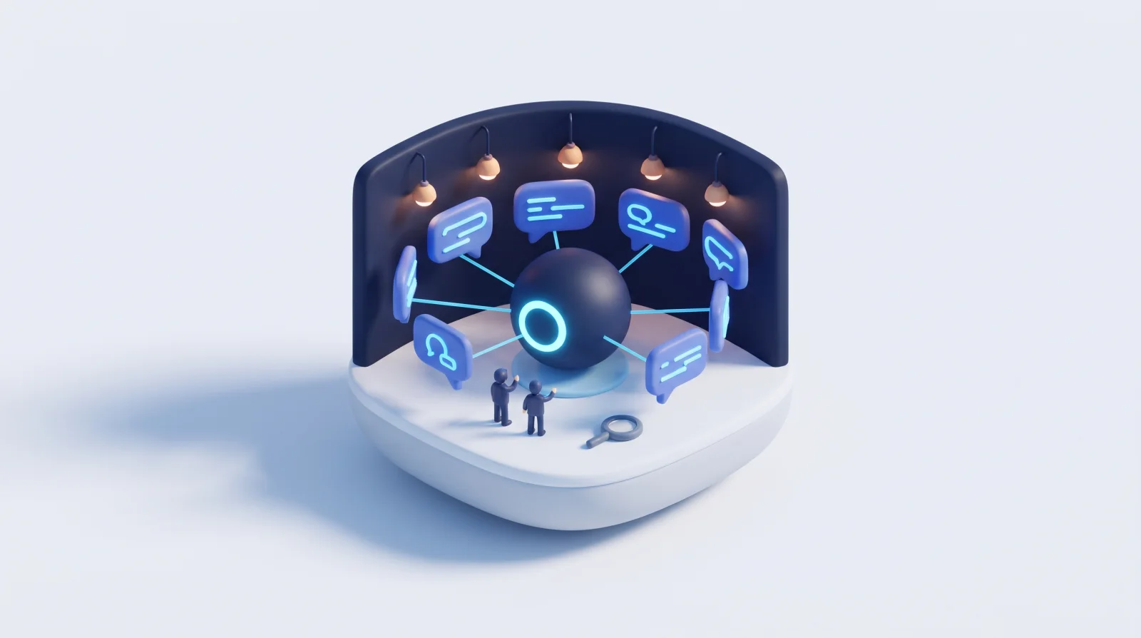 Isometric clay diorama of an AI search room with a glowing core answering queries on surrounding panels.