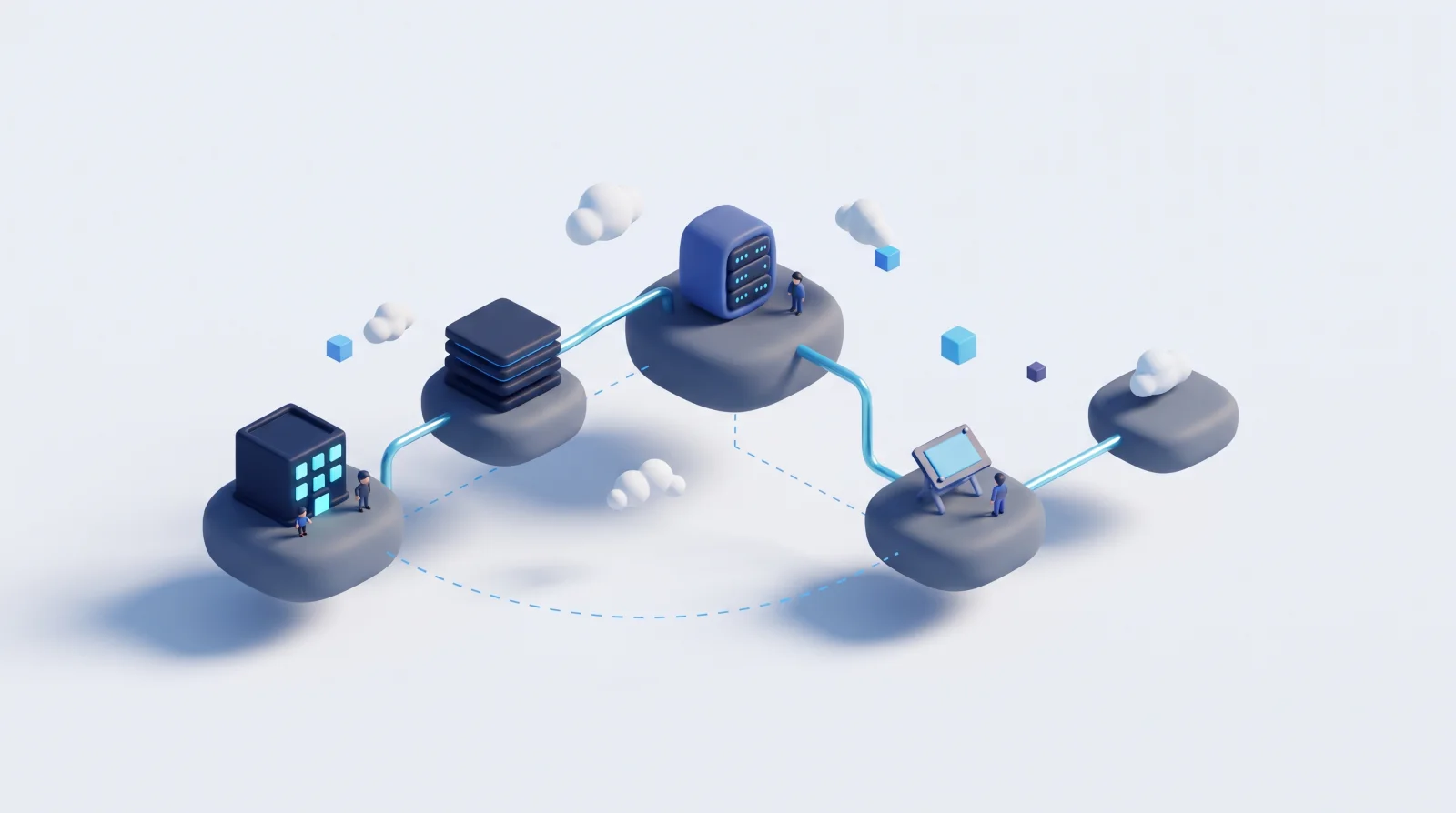 Isometric miniature world of connected islands showing an office, a platform stack, a server cabinet and a design studio joined by pipes and dotted paths.