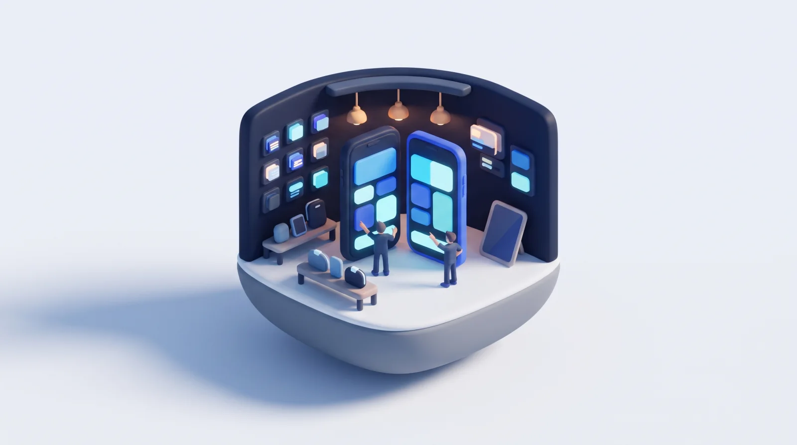 Isometric clay diorama of an app studio with two oversized smartphones and designers reviewing the screens.