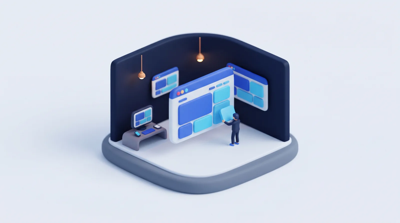 Isometric clay diorama of a web design studio with browser panels and layout boards on the wall.